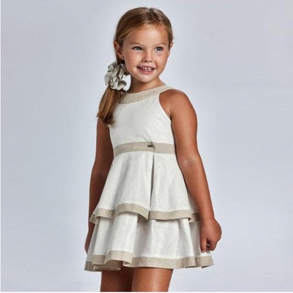 Size 6 Girls Mayoral Cream and Tan Formal Kids Dress
